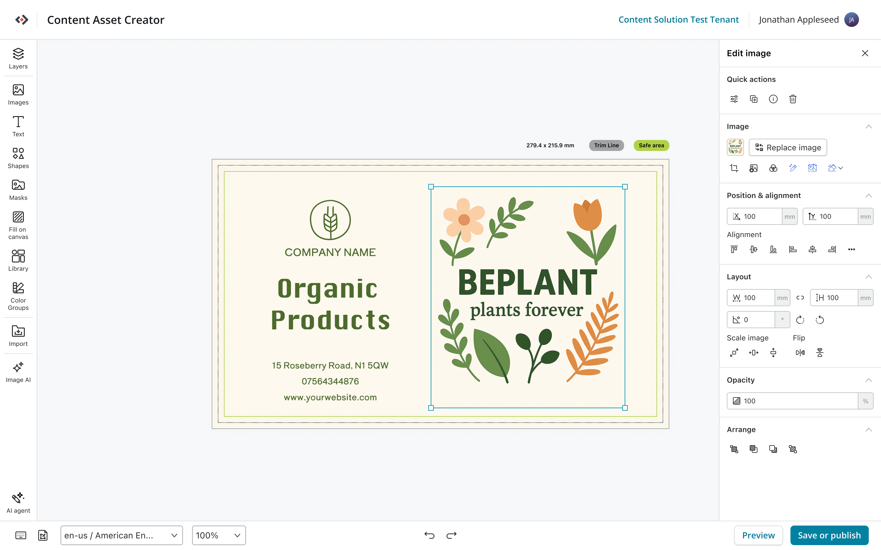 Cimpress Content Asset Creator with an editable branded product design