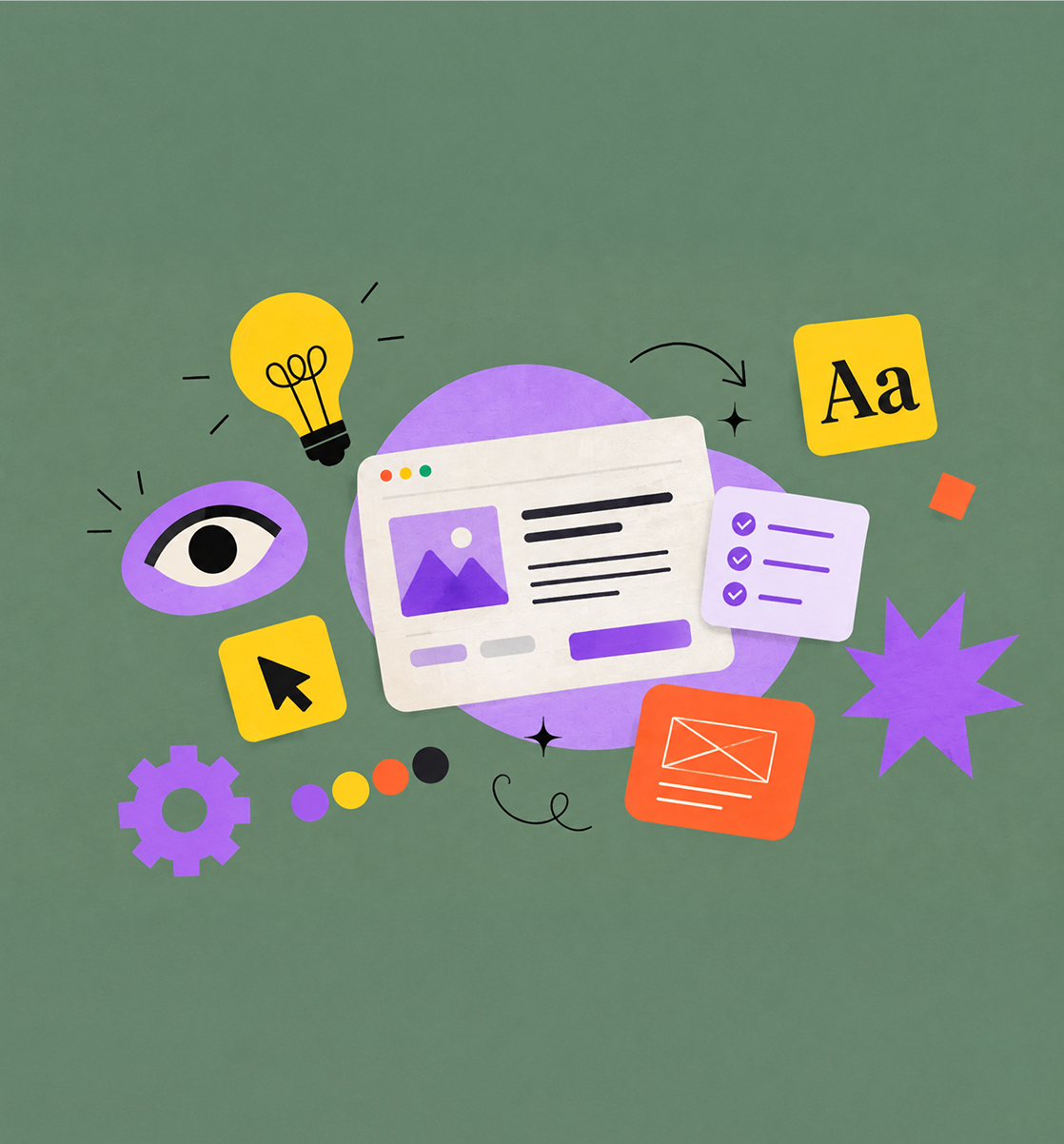 Colorful UX design collage with interface, research, and interaction symbols