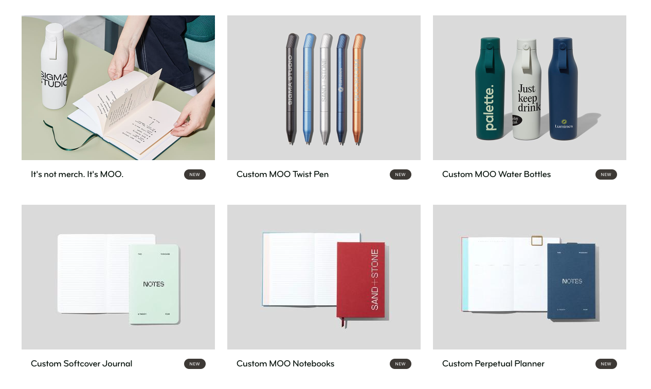 MOO branded merchandise including notebooks, water bottles, pens and planners