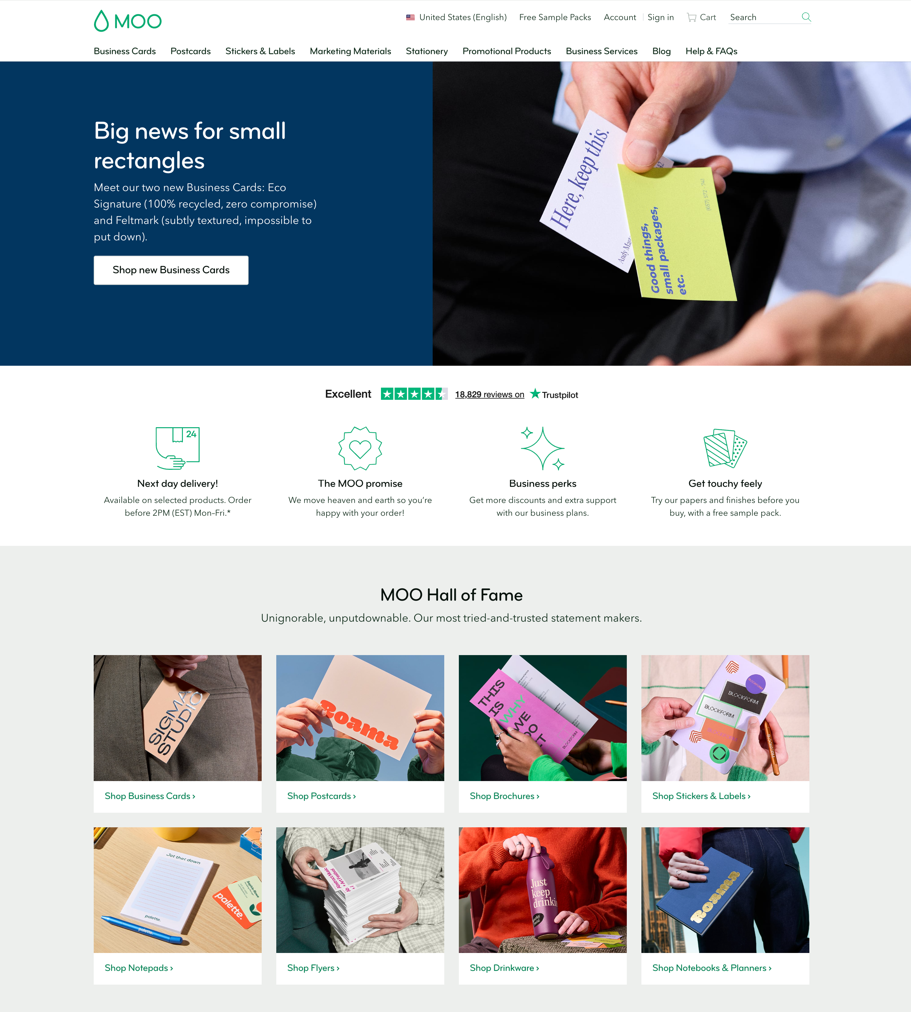 MOO homepage layout and product sections