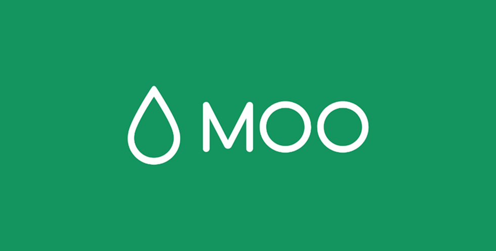 MOO wordmark on a green background