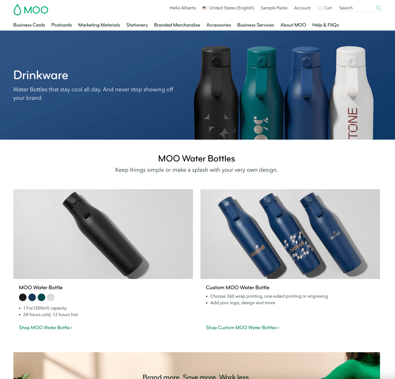 MOO custom water bottle product page